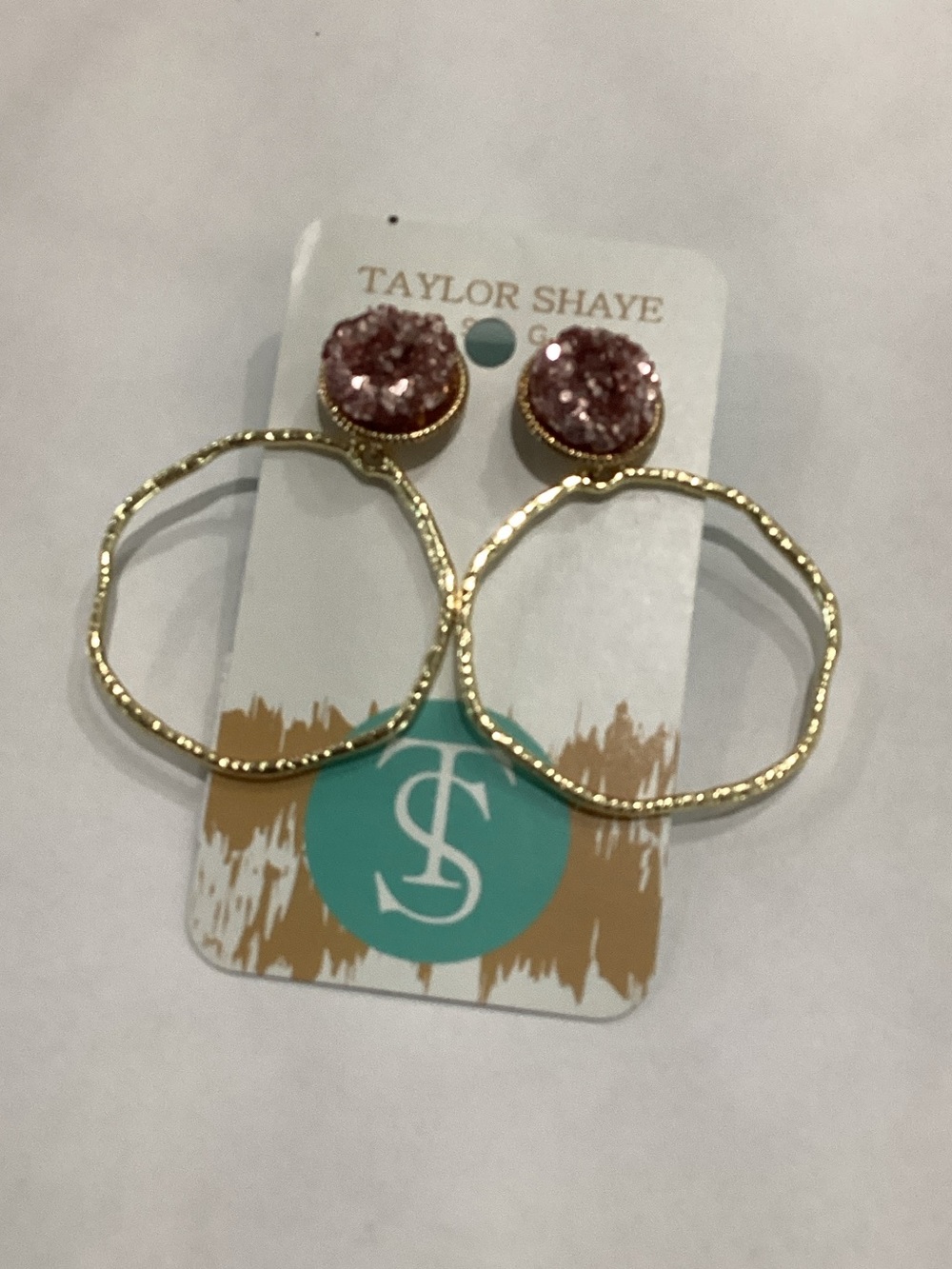 Pink Druzy & Gold Hoop Drop Earrings